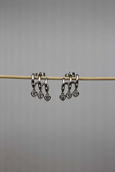 Nenya Vip Steel Triple Look Heart Detailed Hoop Earrings