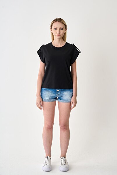 odelon Women's Epaulettes 100% Cotton Black T-Shirt