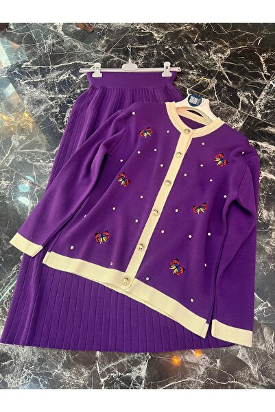 MY QILAM Kadın Tesettür Alt Üst Takım kelebek Nakışlı Hırka Etekli Triko Takım Mor