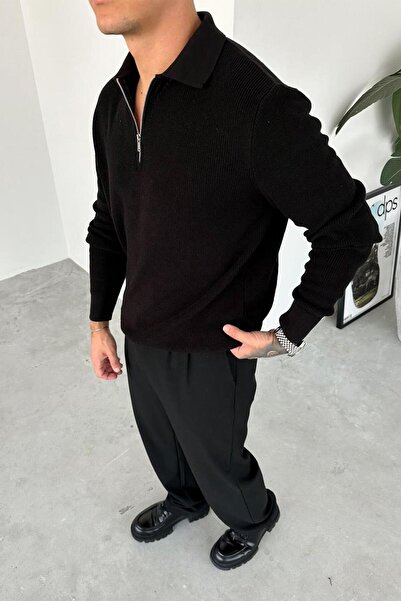 HAFKAGİYİM Black Half Zip Relaxed Knit Sweater