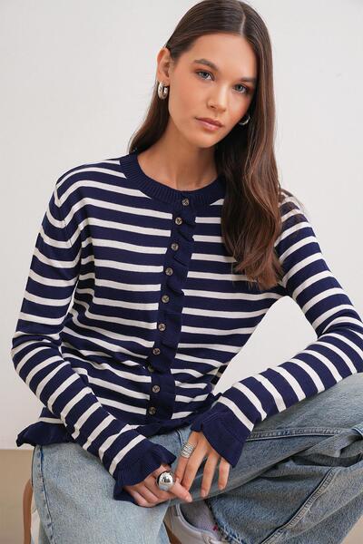 Mixray 6965 Women's Ruffle Detailed Striped Knitwear Cardigan Navy Blue