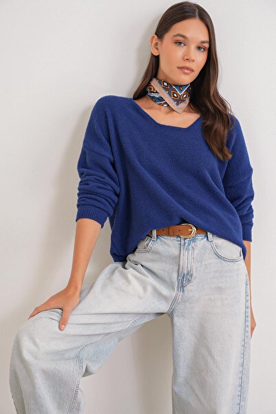 Mixray 6901 Women's Soft Textured Basic Sweater Navy Blue