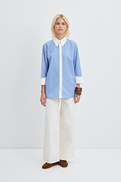 KADRİYE BAŞTÜRK Ριγέ πουκάμισο με φαρδιά μανσέτα μπλε
