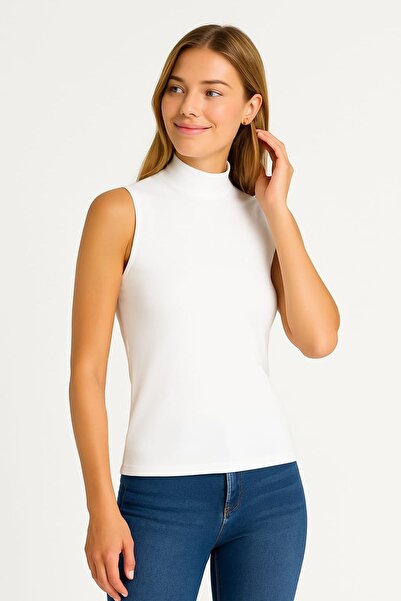 enmodaiçgiyim 3 Pieces Elite White Cotton Turtleneck Zero Sleeve Women's Bodysuit – Basic, Four Seasons