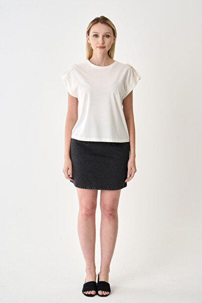 odelon Women's Epaulet 100% Cotton Ecru T-Shirt