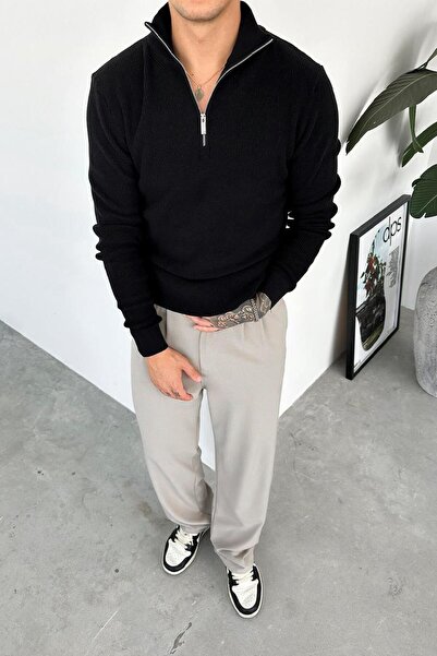 HAFKAGİYİM Black Basic Ribbed Half Zip Relaxed Sweater