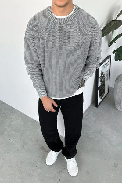 HAFKAGİYİM Gray Washed Ribbed Oversize Knit Sweater