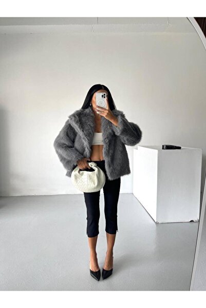 mafdress Women's Gray Shawl Collar Snap Button Fur Coat