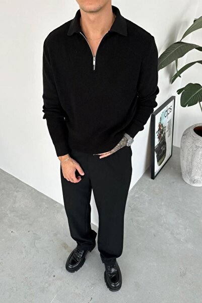 HAFKAGİYİM Black Half Zip Relaxed Knit Sweater