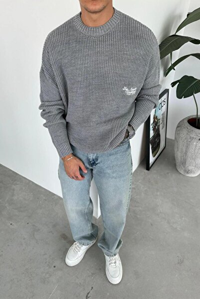 HAFKAGİYİM Gray Los Angeles Embroidery Oversize Knit Sweater
