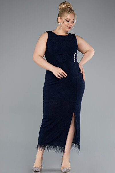 Abiyefon Lacivert Kolsuz Yırtmaçlı Midi Büyük Beden Abiye