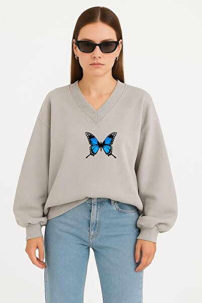 DM DOLCE MORE SWEATSHIRT UNISEX CU DECOLTEU ÎN V CU IMPRIMARE FLUTURE