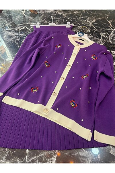 MY QILAM Kadın Tesettür Alt Üst Takım kelebek Nakışlı Hırka Etekli Triko Takım Mor