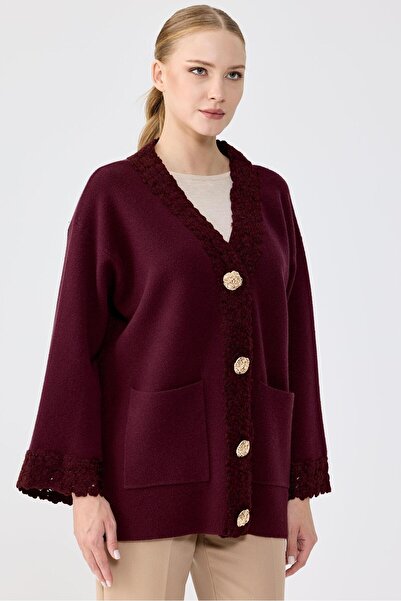 Tığ Triko Kol Ve Pat Detaylı Düğmeli Triko Hırka BORDO