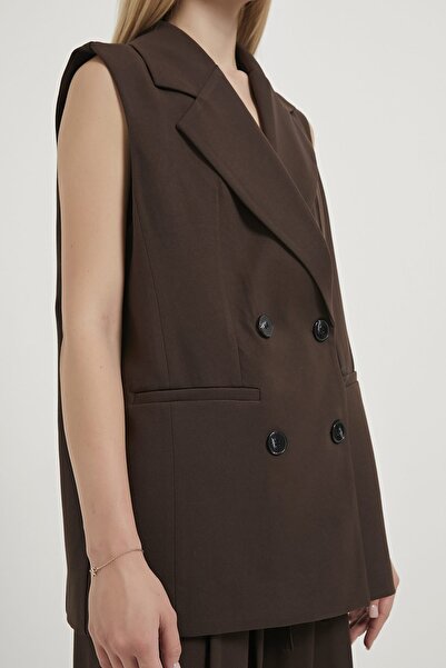 Arma Life Women's Buttoned Jacket Collar Stylish Brown Loose Long Vest