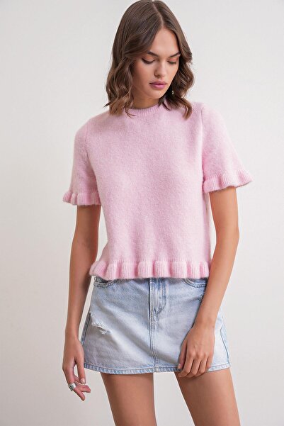 Mixray 6974 Γυναικείο πουλόβερ με βολάν από μαλλί με κοντό μανίκι Premium ροζ