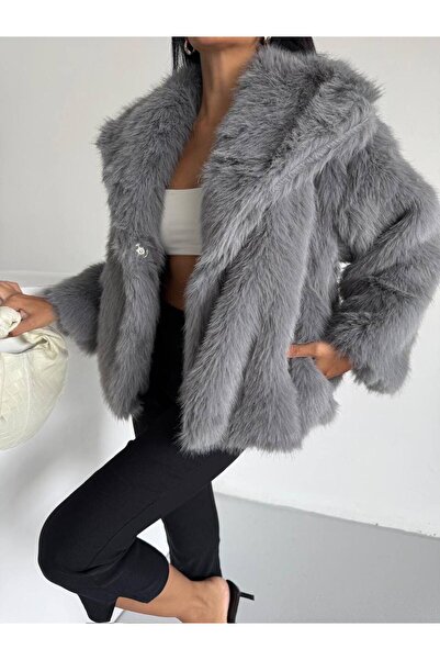 mafdress Women's Gray Shawl Collar Snap Button Fur Coat