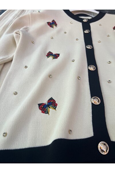 MY QILAM Γυναικείο Σετ Χιτζάμπ Κάτω και Πάνω Μέρος Κέντημα πεταλούδας Ζακέτα με Φούστα Πλεκτό Σετ Εκρού