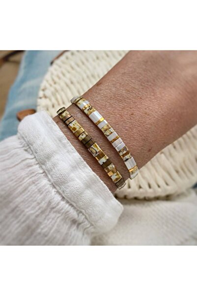 Natuur Collection 2li Miyuki Tila Bileklik - Kırçıllı Beyaz Kahve Beyaz Bronz...