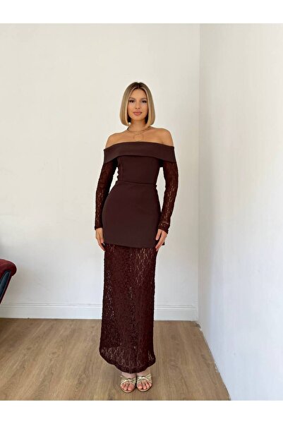 Miss Beyoğlu Kadın Dantel Abiye Elbise –Scuba Kumaş Omuz Açık, Uzun, Şık Gece & Davet Elbisesi – Yeni Sezon