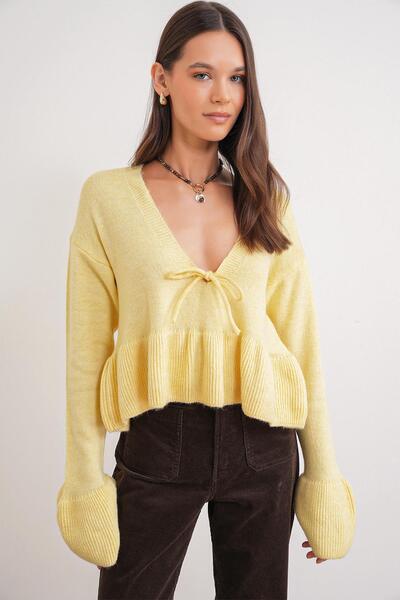 Mixray 6955 Kadın Fırfırlı Triko Kazak Sarı