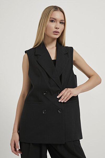 Arma Life Women's Buttoned Jacket Collar Stylish Black Loose Long Vest