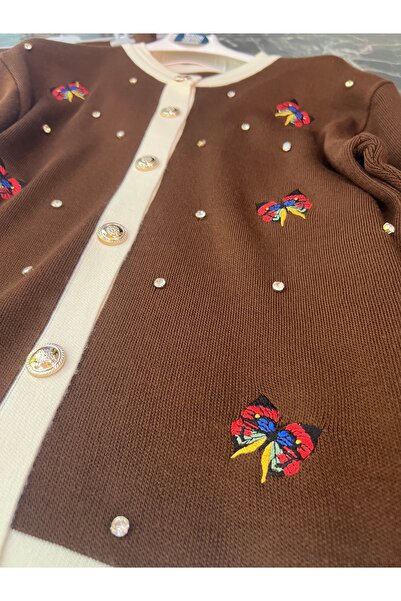 MY QILAM Γυναικείο Σετ Χιτζάμπ Κάτω και Πάνω Μέρος Κέντημα πεταλούδας Ζακέτα με Φούστα Πλεκτό Σετ Καφέ