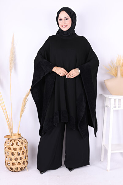 Bym Fashion Poncho cu detalii din blană 9206 Negru
