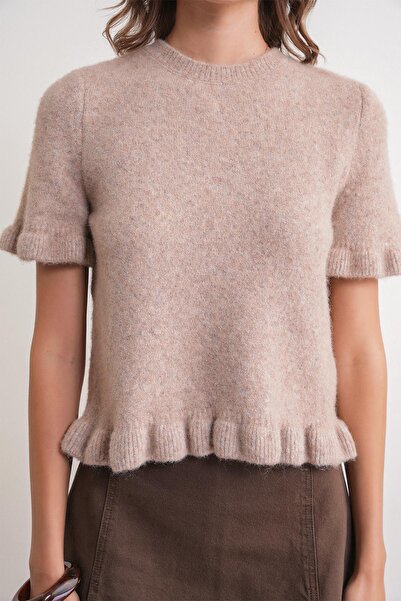 Mixray 6974 Γυναικείο πουλόβερ με βολάν από μάλλινο μείγμα με κοντό μανίκι Premium Mink Marn