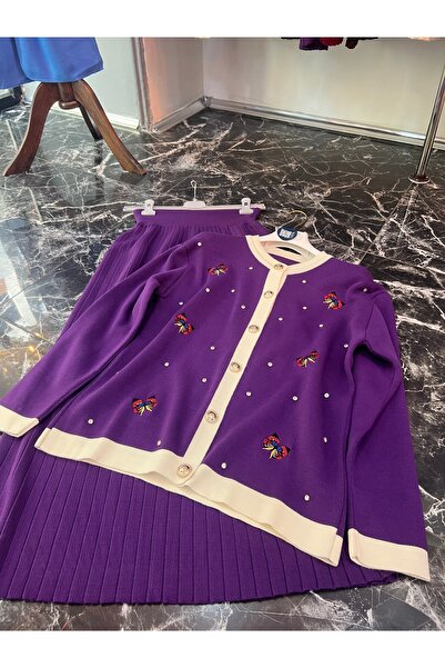 MY QILAM Kadın Tesettür Alt Üst Takım kelebek Nakışlı Hırka Etekli Triko Takım Mor