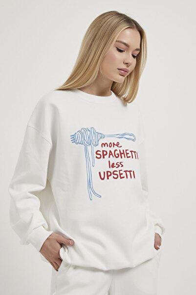 Arma Life Kadın Spagetti Baskılı Oversize Beyaz Sweatshirt