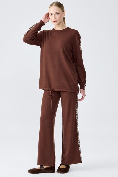 Tığ Triko Leopard Stripe Trouser Knitwear Set Brown