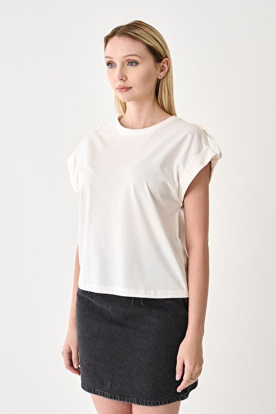 odelon Women's Epaulet 100% Cotton Ecru T-Shirt