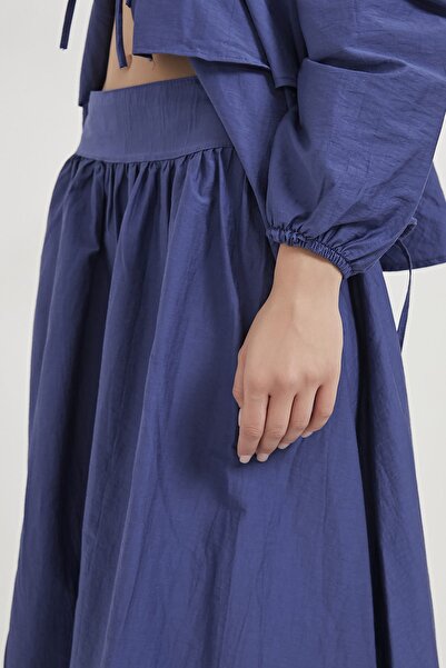 Arma Life Women's Side Zipper Pleated Navy Blue Loose Long Skirt