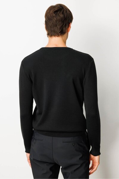 Desen Triko Men's Crew Neck Steel Knit Wool Sweater Black