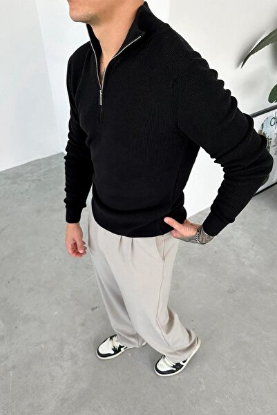 HAFKAGİYİM Black Basic Ribbed Half Zip Relaxed Sweater