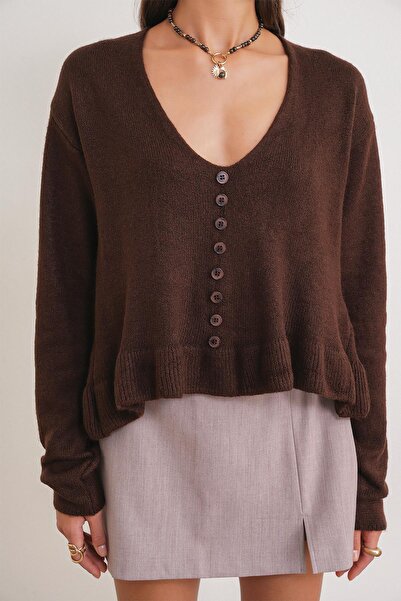 Mixray 6954 Women's Ruffle Detailed V-Neck Knitwear Sweater Brown