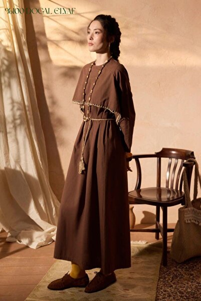 ZÜLAYS Hasır Biyeli Dilge Elbise Kahverengi