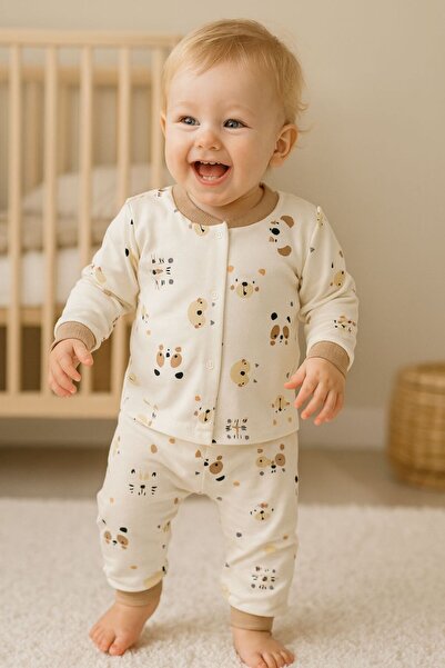 Mylamia Ecru Ribbed Mini Animal Patterned 100% Cotton Pajama Set