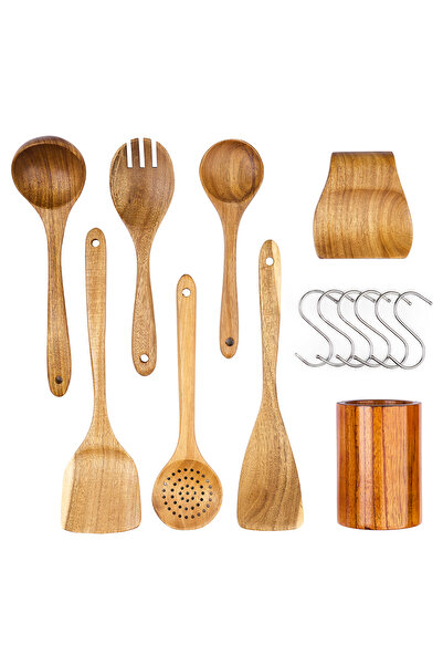 Onuvio Set of 8 Acacia Wood Kitchen Utensils – with Countertop Stand and Spoon Rest, includes 6 S-Hooks