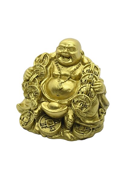 Feng Shui Buddha cel vesel auriu cu moneda si pepita