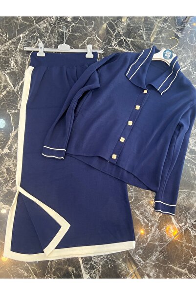 MY QILAM Жіночий комплект одягу з покриттям, смугаста сорочка, кардиган з коміром, спідниця, трикотажний комплект, синій