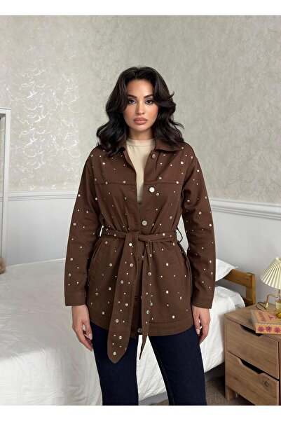 Serica Moda Kahverengi Zımbalı Kuşaklı Denim Ceket