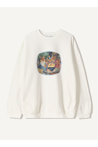 Disante Hanorac unisex oversize cu imprimeu Long Ear Family – Gât cu gât rotund, fleece cu 3 fire