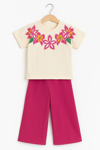tunays shopping طقم بنطلون بناتي بتصميم زهور كريمية وبنطلون واسع من الأسفل عل...