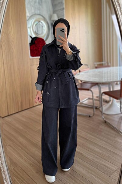 Ka Hijab Set de blugi cu detalii florale 3D - Albastru închis