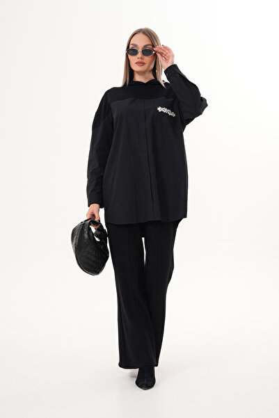 AYASOFYA OTANTIK Set de pantaloni și cămașă cu glugă oversize neagră pentru femei
