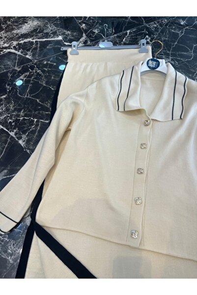 MY QILAM Women's Hijab Top and Bottom Set Striped Shirt Collar Cardigan with Skirt Knitwear Set Ecru