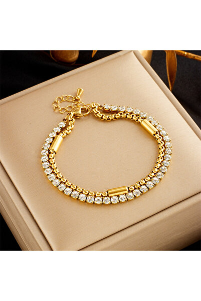 Tessero Bratara de dama dubla, model tennis, placat cu aur 18K, marime reglabila, Tessero, auriu