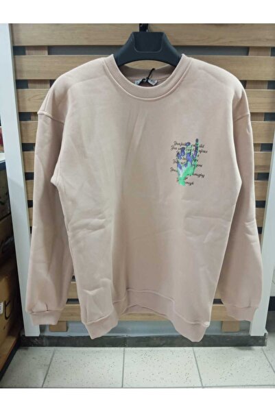 HABBE سويت شيرت كبير الحجم مطبوع من الأمام والخلف من الصوف برقبة دائرية